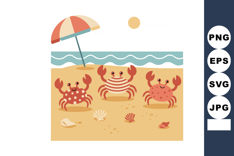Cartoon crabs on sandy beach with seashells and colorful umb