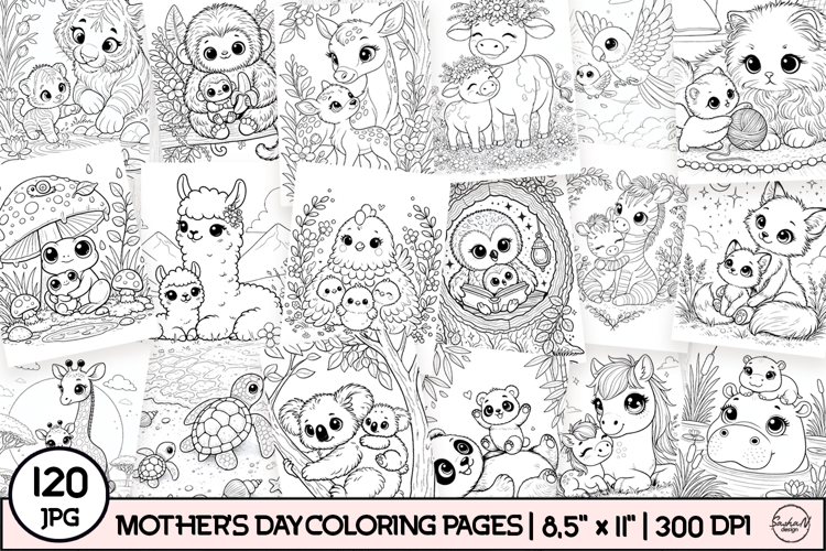 Cute animals Mothers day coloring pages bundle