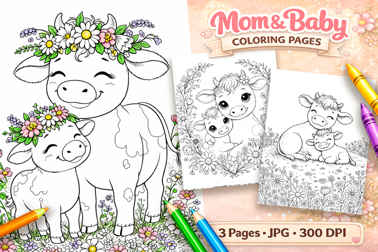 Cute animals Mothers day coloring pages, Cute cow