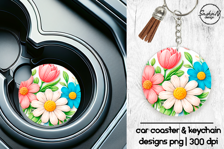 Spring flowers car coaster sublimation designs, Keychan png