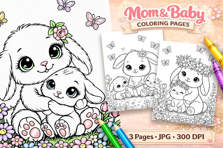 Cute bunny Mothers day coloring pages for kids