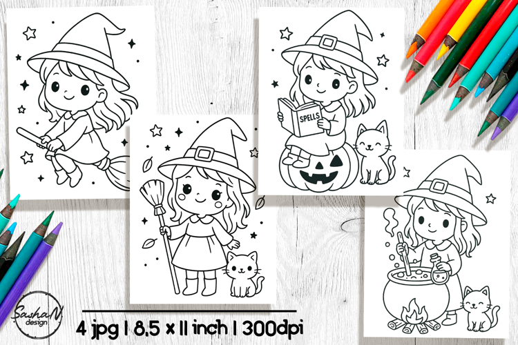 Cute halloween coloring pages, Cute witch clipart