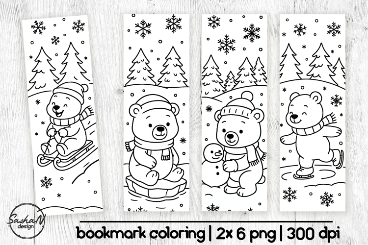 Winter bookmark coloring, Bear coloring pages