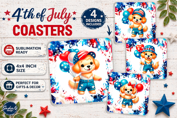 4th of july square coaster sublimation design, Dog png