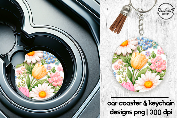 Spring flowers car coaster sublimation designs, Keychan png