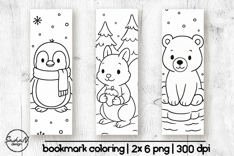 Winter animals bookmark coloring for kids