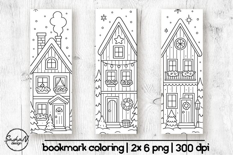 Winter house coloring bookmarks