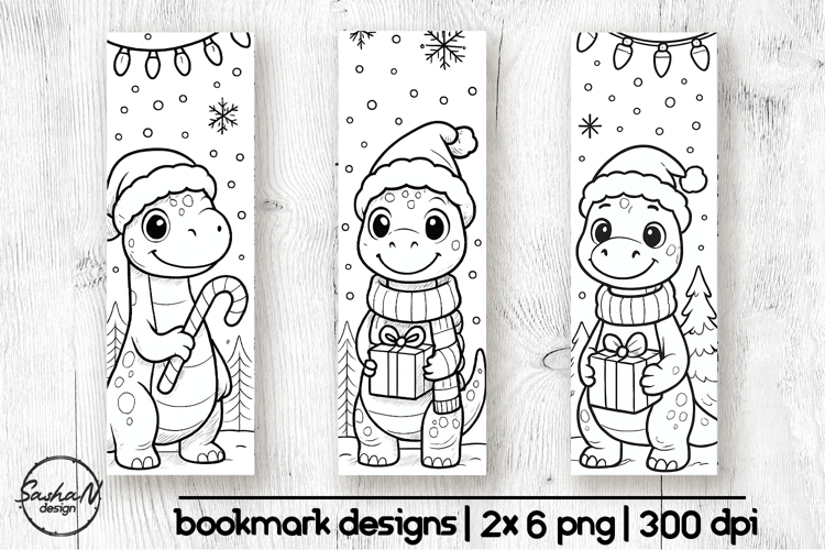 Winter bookmark coloring, Christmas dinosaur clipart