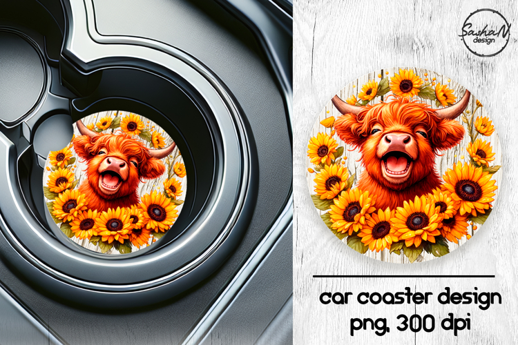 Highland cow with sunflowers car coasters sublimation design