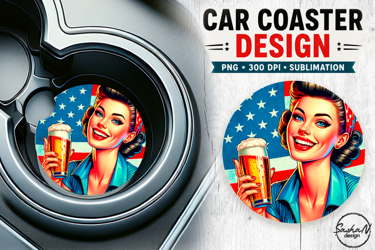 4th of july retro girl car coaster sublimation designs