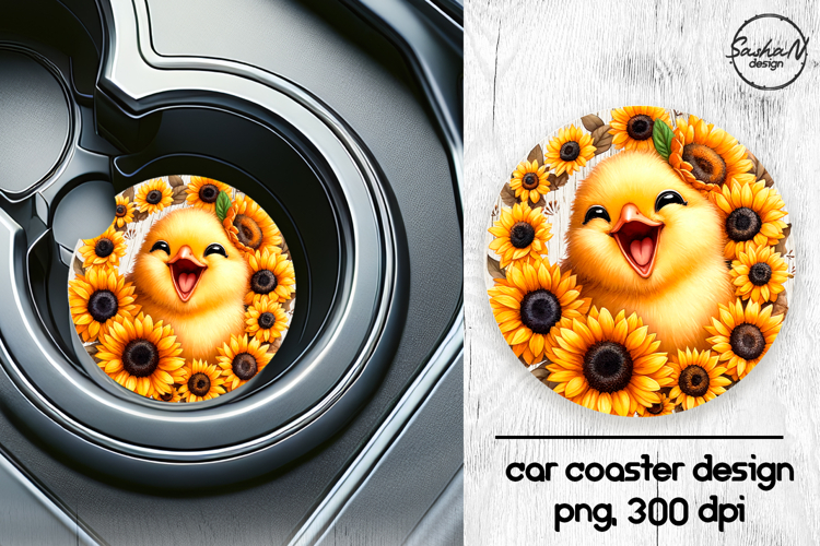 Funny chick with sunflowers car coasters sublimation design