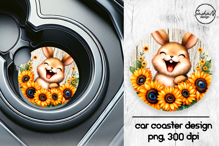 Cute bunny with sunflowers car coasters sublimation design