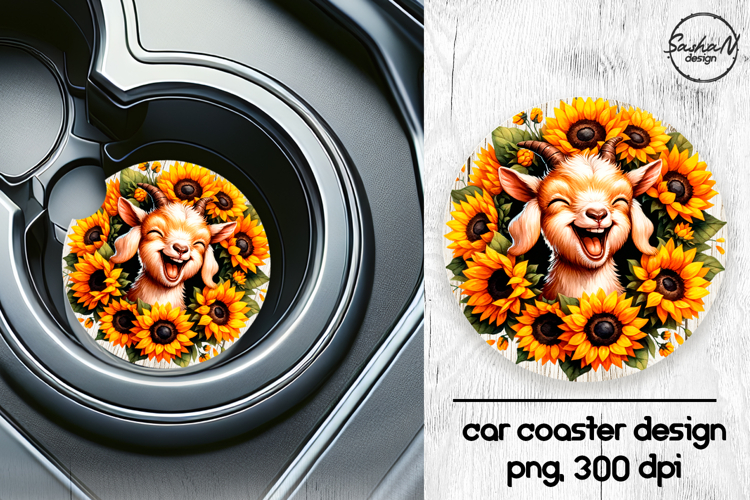 Funny goat with sunflowers car coasters sublimation design
