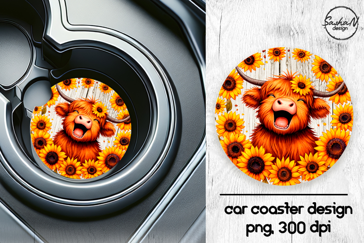 Highland cow with sunflowers car coasters sublimation design