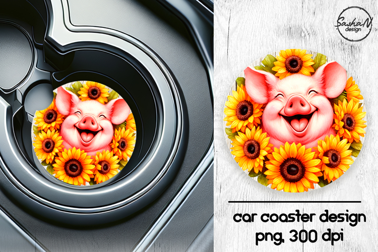 Cute pig with sunflowers car coasters sublimation designs