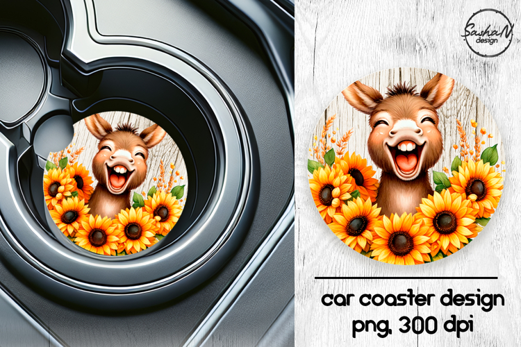 Funny donkey with sunflowers car coasters sublimation design