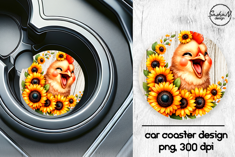 Funny chicken with sunflowers car coasters sublimation desig