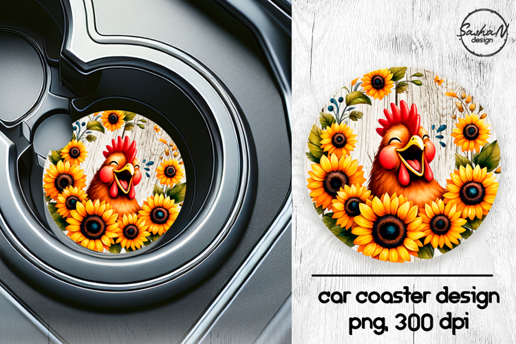 Funny chicken with sunflowers car coasters sublimation desig