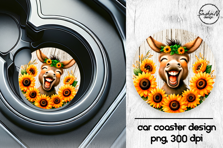 Funny donkey with sunflowers car coasters sublimation design
