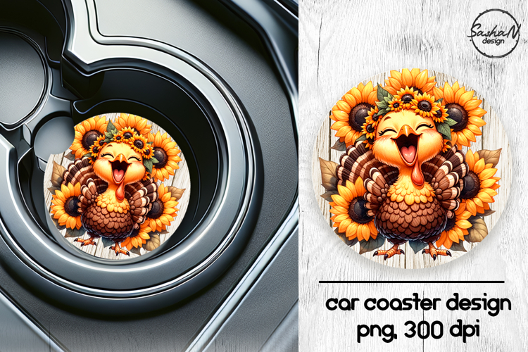 Funny turkey with sunflowers car coasters sublimation design