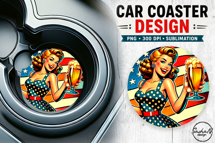 4th of july retro girl car coaster sublimation designs