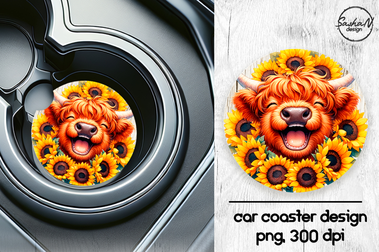 Highland cow with sunflowers car coasters sublimation design