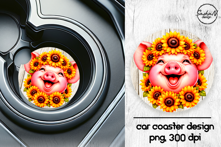 Cute pig with sunflowers car coasters sublimation designs