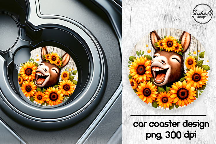 Funny donkey with sunflowers car coasters sublimation design