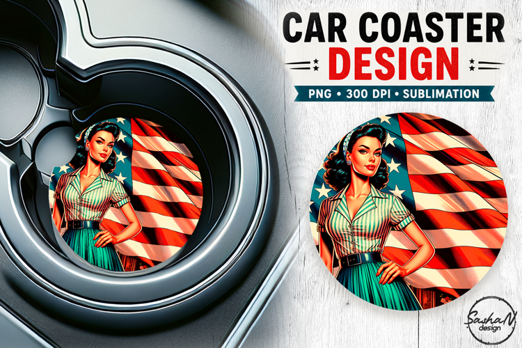 4th of july retro girl car coaster sublimation designs