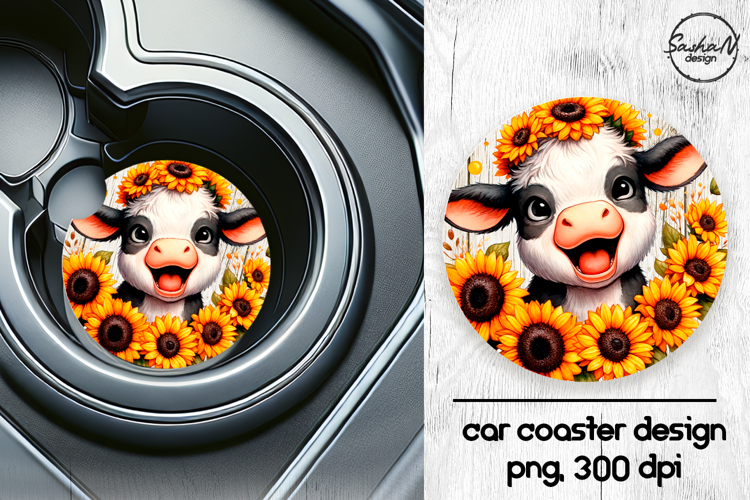 Funny cow with sunflowers car coasters sublimation design