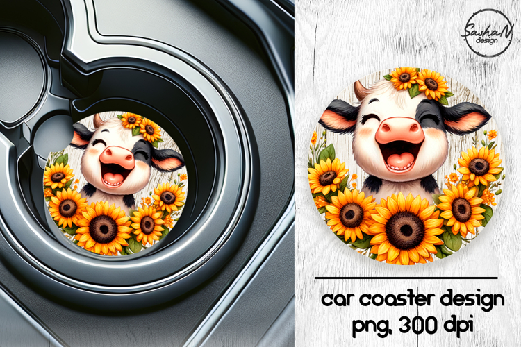 Funny cow with sunflowers car coasters sublimation design
