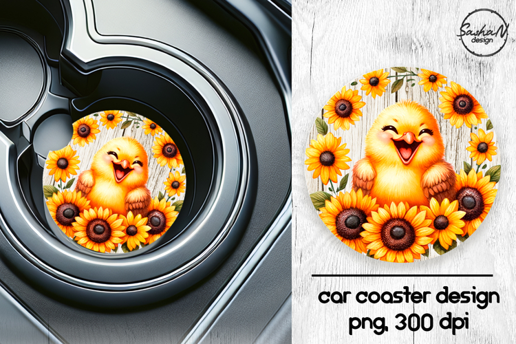 Funny chick with sunflowers car coasters sublimation design