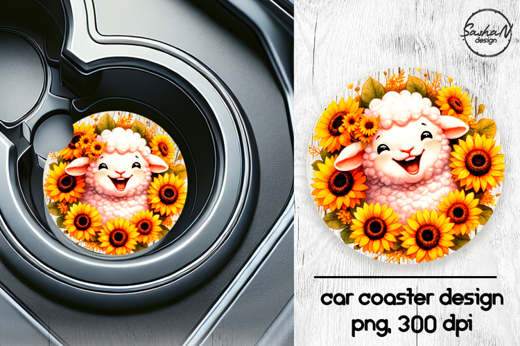 Cute sheep with sunflowers car coasters sublimation design