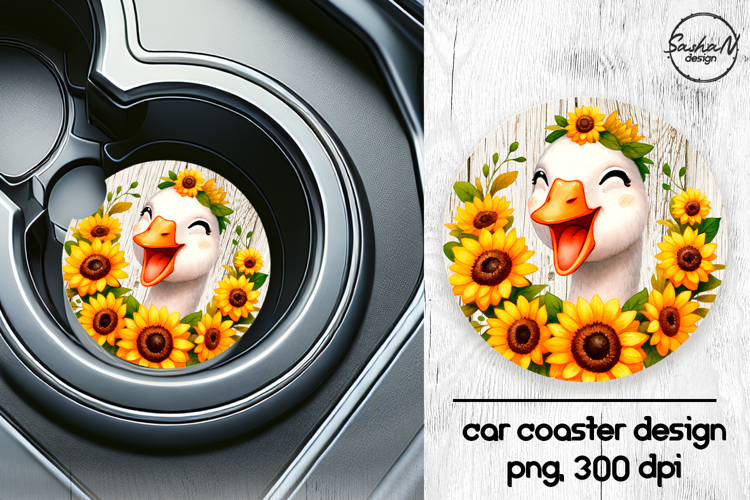 Funny goose with sunflowers car coasters sublimation design