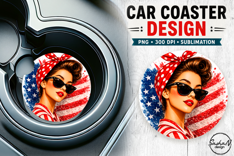 4th of july retro girl car coaster sublimation designs