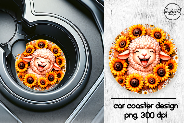 Cute sheep with sunflowers car coasters sublimation design