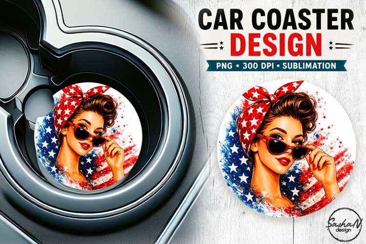 4th of july retro girl car coaster sublimation designs