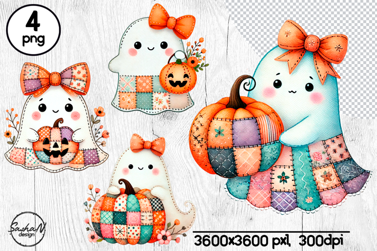Cute Halloween patchwork ghost clipart, Cute witch ghost png