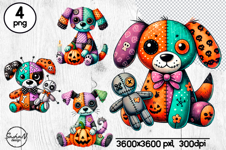 Scary Halloween patchwork dog clipart