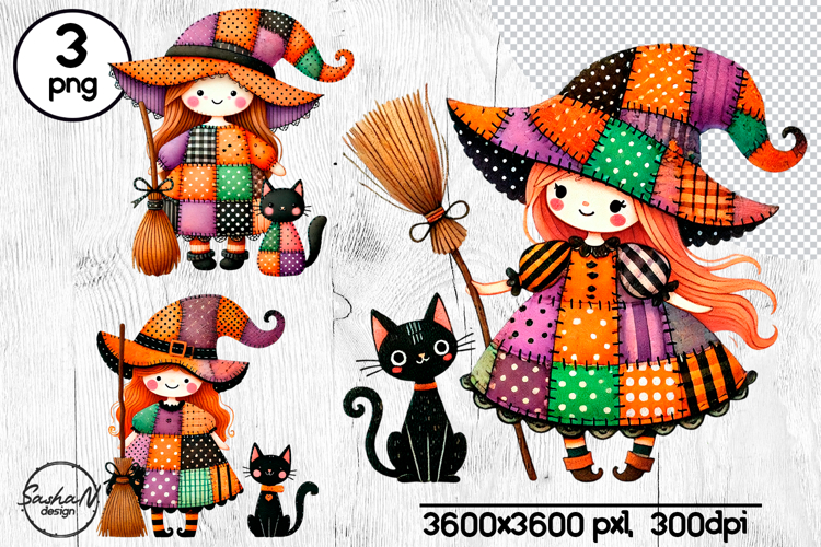 Cute Halloween patchwork witch clipart