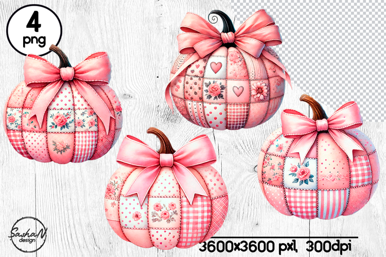 Pink patchwork pumpkin with bow clipart