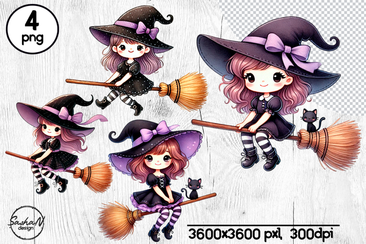 Cute witch clipart, Watercolor Halloween png example image 1