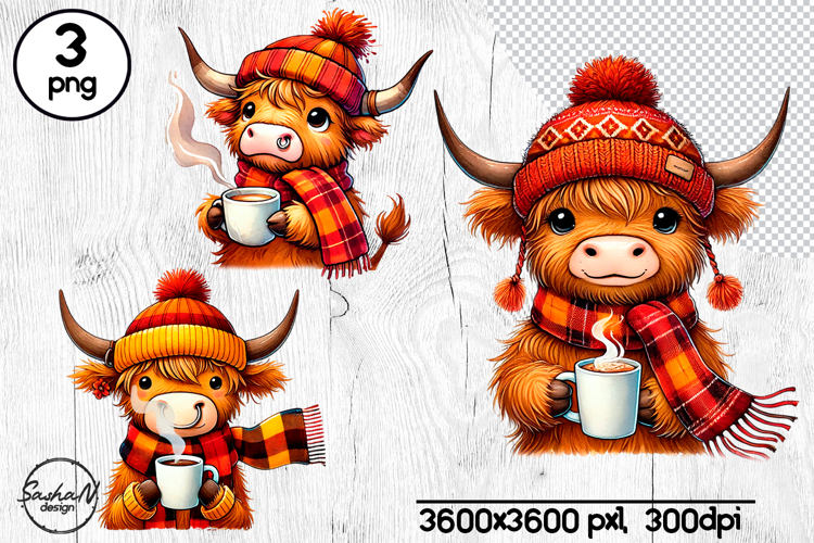 Cute highland cow clipart, Cozy fall farm animal clipart