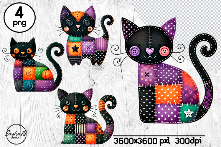 Halloween patchwork cat clipart