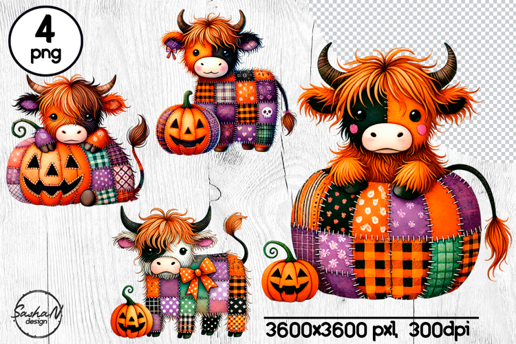 Cute Halloween patchwork highland cow clipart