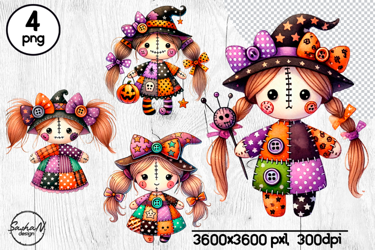 Cute Halloween patchwork witch clipart, Voodoo doll png