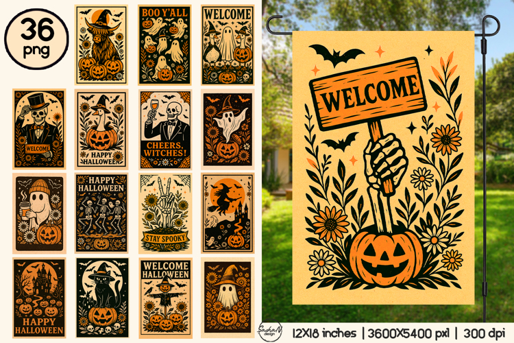 Retro Halloween garden flag sublimation designs bundle