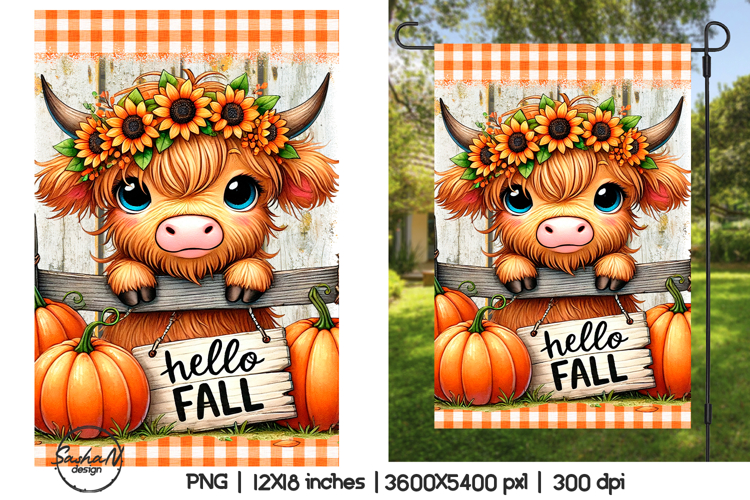Hello fall garden flag sublimation designs, highland cow