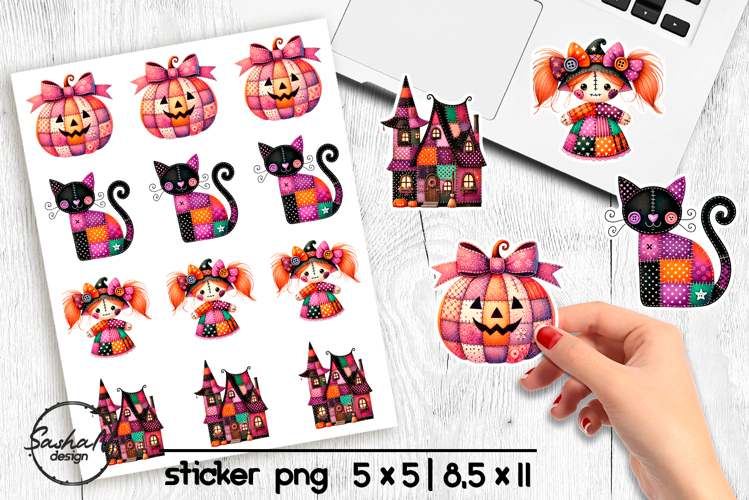 Halloween stickers png, Patchwork Halloween