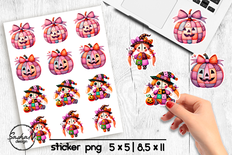 Halloween patchwork witch and pumpkin stickers png